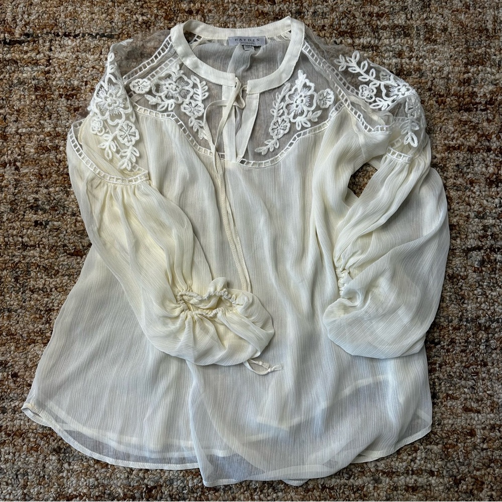 Hayden Los Angeles Sheer Tie Front Peasant Top - Picture 5 of 7